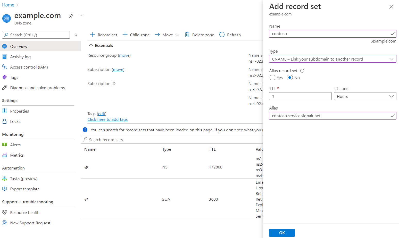 Снимок экрана: добавление записи CNAME в зону Azure DNS.