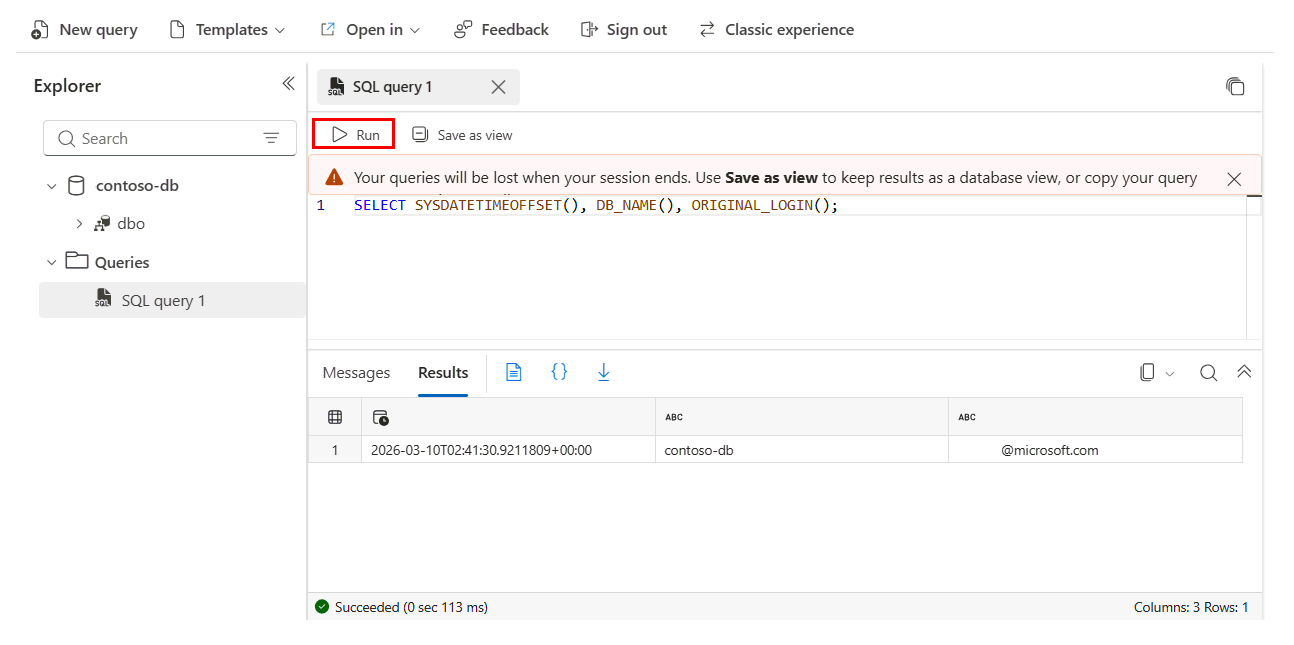 Снимок экрана: редактор sql-запросов портала Azure для Базы данных SQL Azure.