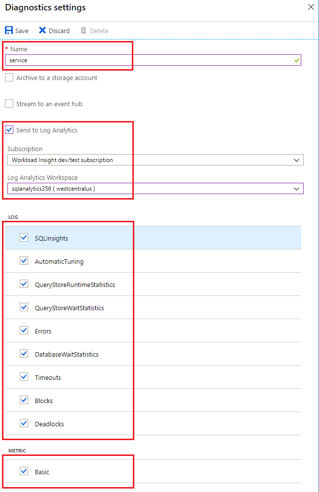 Снимок экрана: настройка диагностики для базы данных SQL Azure.