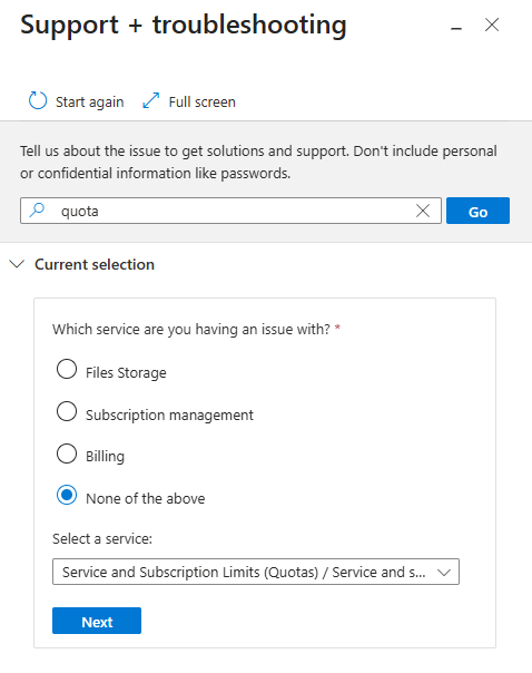 Снимок экрана из портала Azure, показывающий область «Поддержка и устранение неполадок». Найдите quota, выберите «Ничего из перечисленного выше», а затем — «Databases / SQL Database» или «Databases / Управляемый экземпляр SQL».