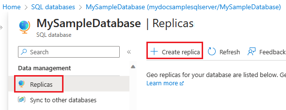 Снимок экрана страницы реплик для базы данных SQL в портале Azure.