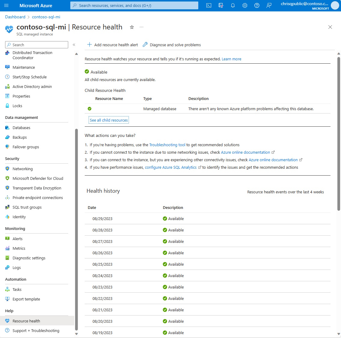 Снимок экрана портала Azure, показывающий страницу Работоспособность ресурса для управляемого экземпляра Azure SQL.