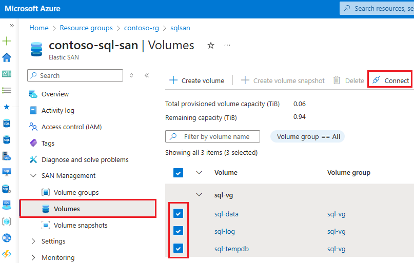 снимок экрана страницы томов для эластичной SAN на портале Azure с выбранной опцией подключения.