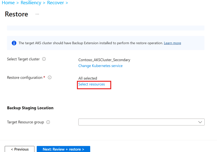 Снимок экрана: параметры для добавления для восстановления из хранилища хранилища уровня 