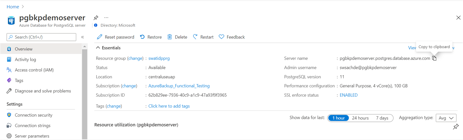 Снимок экрана: представление ресурсов Azure PostgreSQL на портале Azure, включая имя сервера.