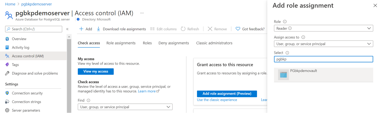 Снимок экрана, на котором показано, как настроить доступ к хранилищу Azure Backup M I Reader на сервере Базы данных Azure для PostgreSQL.