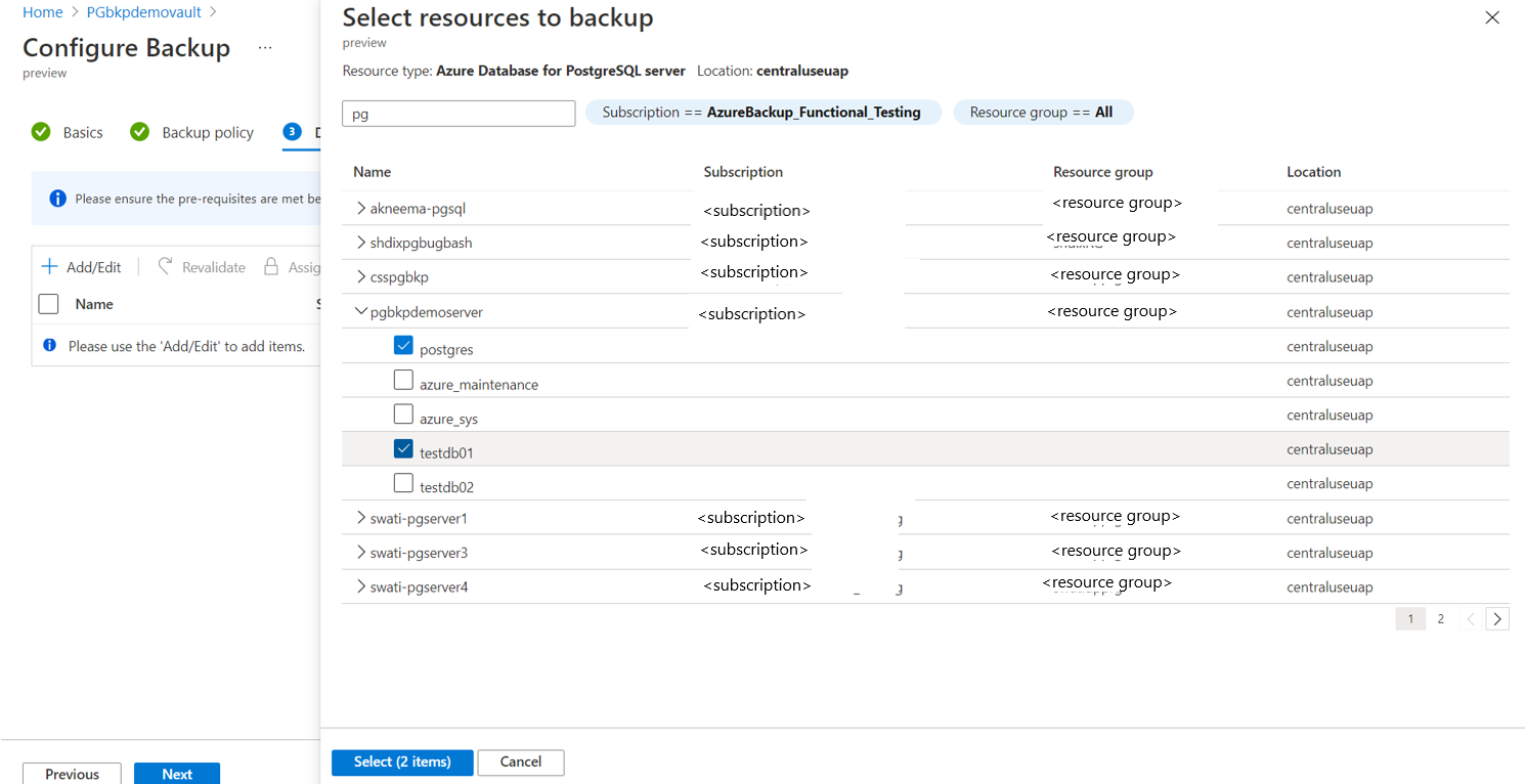 Снимок экрана: панель выбора сервера Базы данных Azure для PostgreSQL.