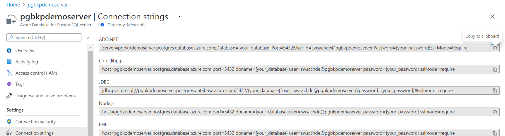 Снимок экрана, который показывает строку подключения сервера базы данных Azure для PostgreSQL как секрет.