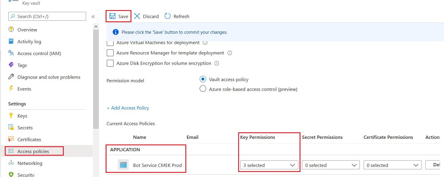 Bot Service CMEK Prod добавлен в качестве политики доступа