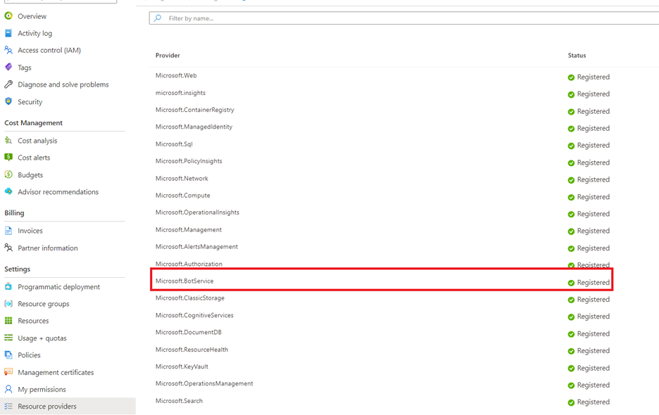 Microsoft.BotService, зарегистрированный в качестве поставщика ресурсов