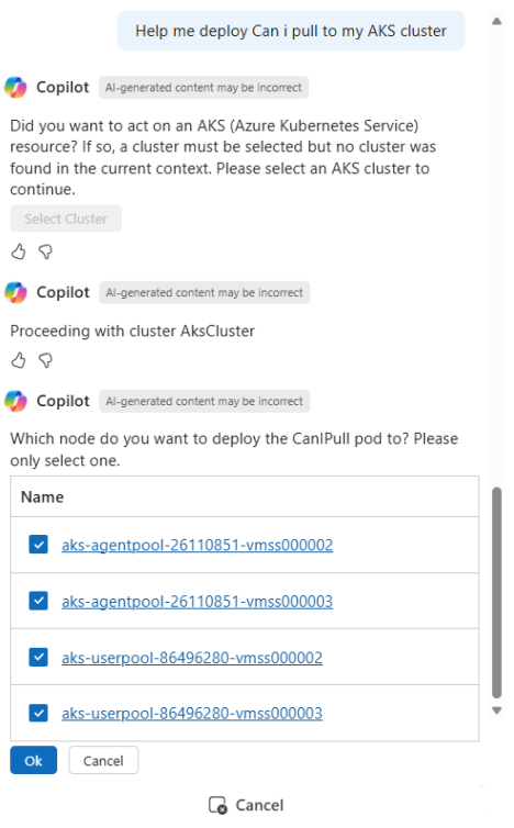 Снимок экрана Copilot в Azure, демонстрирующий, какой кластер и узел использовать для развертывания CanIPull.