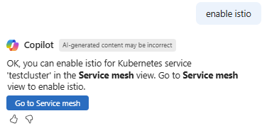 На снимке экрана показано, как Microsoft Copilot в Azure помогает развернуть Istio на кластере AKS.