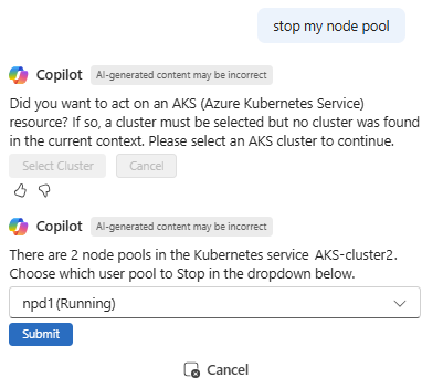 Снимок экрана, показывающий, как Microsoft Copilot в Azure отвечает на запрос по остановке пула узлов AKS.