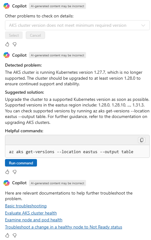 Снимок экрана Copilot в Azure, предоставляющего более подробную информацию о проблеме с версией Kubernetes.