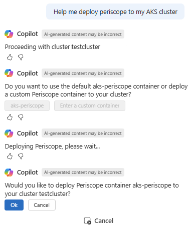 Снимок экрана Copilot в Azure, который запрашивает подтверждение до развертывания Periscope в кластере.
