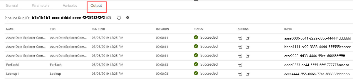 Выходные данные действия команды Azure Data Explorer.