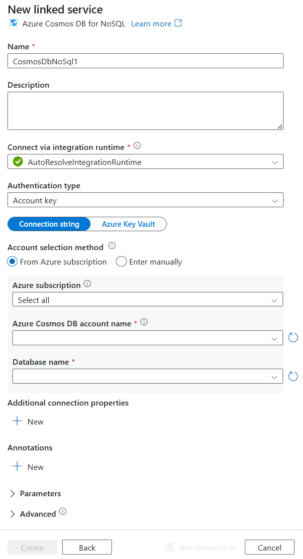 Снимок экрана с конфигурацией связанной службы для Azure Cosmos DB.
