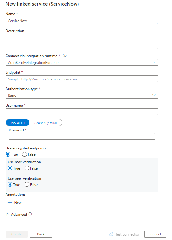 Снимок экрана: конфигурация связанной службы для ServiceNow (устаревшая версия).
