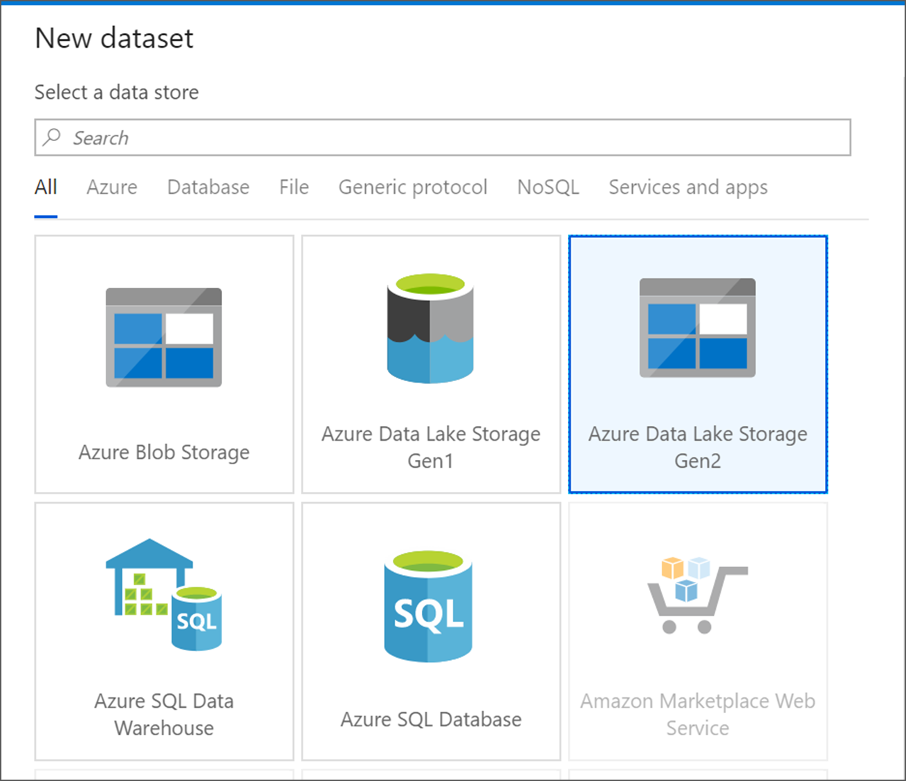 Снимок экрана, показывающий, где находится плитка Azure Data Lake Storage Gen2.