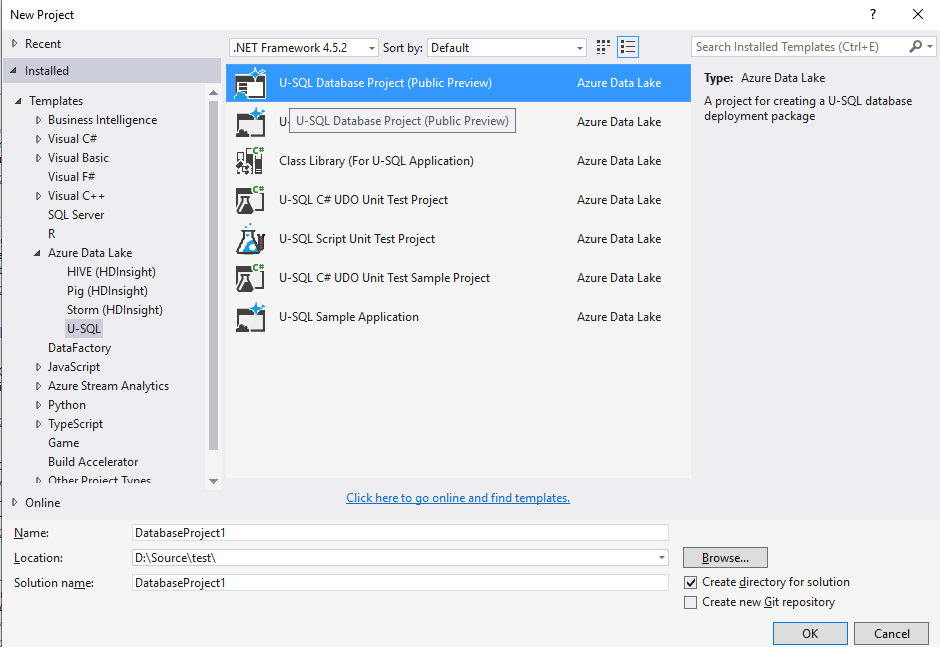 Инструменты Data Lake для Visual Studio - Создание проекта базы данных U-SQL