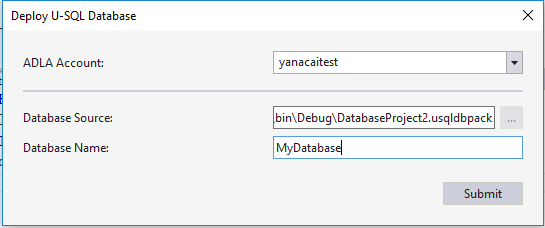 Средства Data Lake для Visual Studio — Мастер развертывания проекта базы данных U-SQL