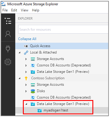 Снимок экрана: пример учетной записи в узле Data Lake Storage 1-го поколения