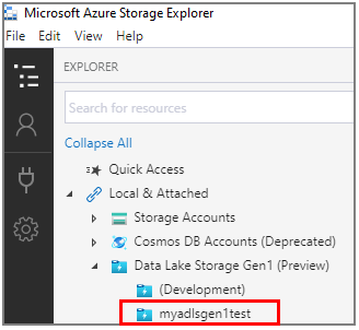 Отображает учетную запись Data Lake Storage 1-го поколения, указанную в узле Data Lake Storage 1-го поколения (предварительная версия) в пользовательском интерфейсе.