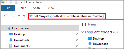 Отображает URL-адрес папки в учетной записи Data Lake Storage 1-го поколения, скопированной в окне проводника.