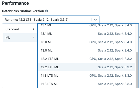 Выберите Databricks Runtime ML