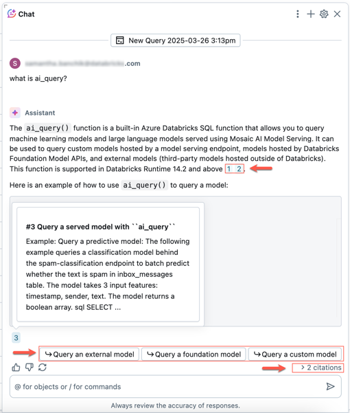 Ссылки на документацию и дальнейшие предложения помощника Databricks.