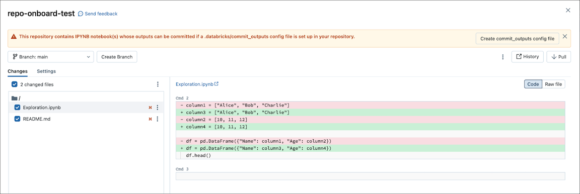 Интерфейс фиксации Notebook: кнопка создания файла commit_outputs.