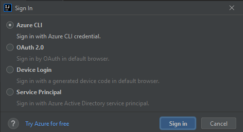Окно входа Azure с выбранным Azure CLI.