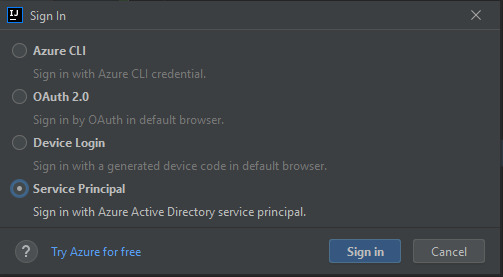 Окно входа Azure с выбранным субъектом-службой.
