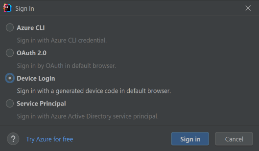Окно входа Azure с выбранным именем входа устройства.