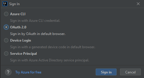 Окно входа Azure с выбранным параметром OAuth.