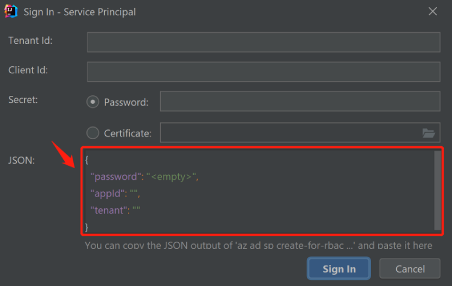 Окно панели JSON с сведениями о вставке.