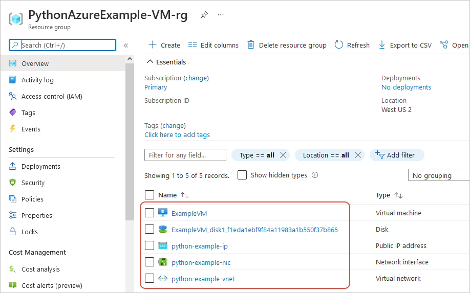 Страница портала Azure для новой группы ресурсов с виртуальными машинами и связанными ресурсами