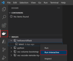 Снимок экрана: использование расширения Docker в VS Code для запуска контейнера из образа Docker.