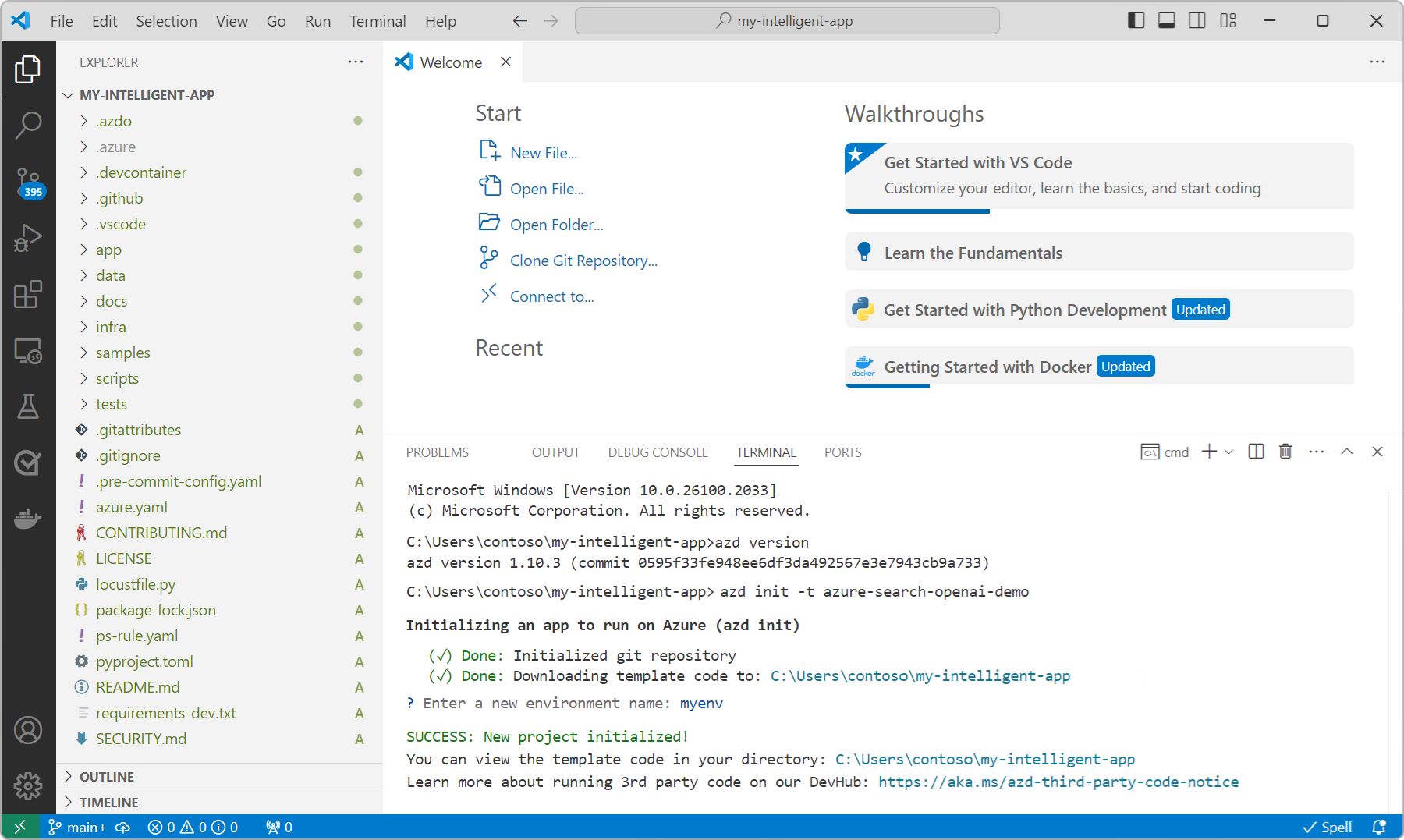 Снимок экрана: каталог проекта my-intelligent-app, открытый в представлении обозревателя в Visual Studio Code.