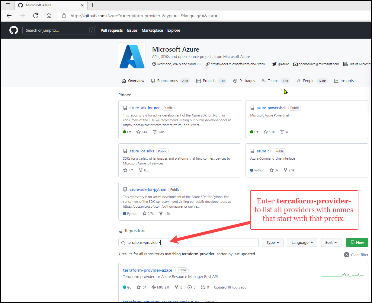 Найдите репозиторий поставщика Terraform GitHub, выполнив поиск префикса terraform-provider.