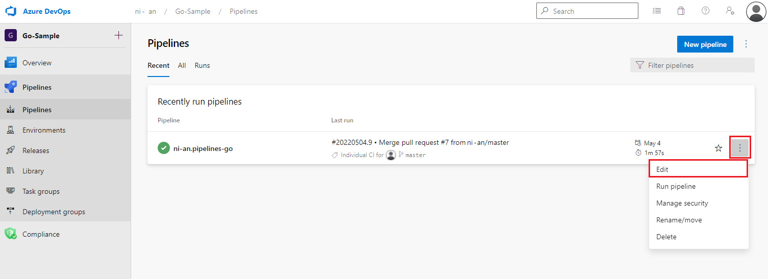 снимок экрана, демонстрирующий процесс изменения Azure Pipeline в панели с выбранными дополнительными параметрами и выделенной функцией 