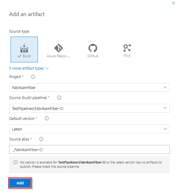 Снимок экрана, демонстрирующий добавление артефакта в Classic Release Pipeline.