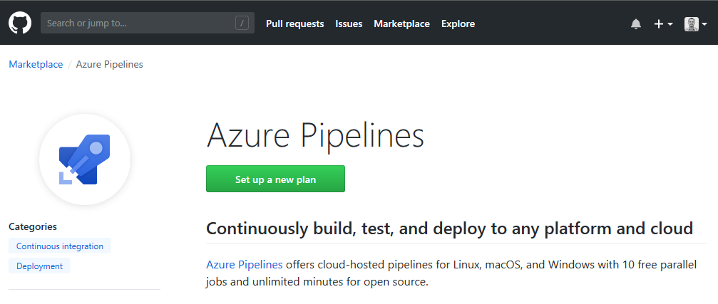 Приложение Azure Pipelines в GitHub Marketplace