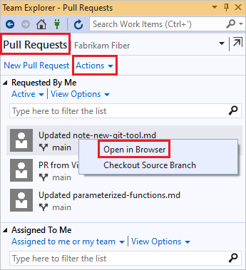 снимок экрана списка P R в Visual Studio Team Explorer.