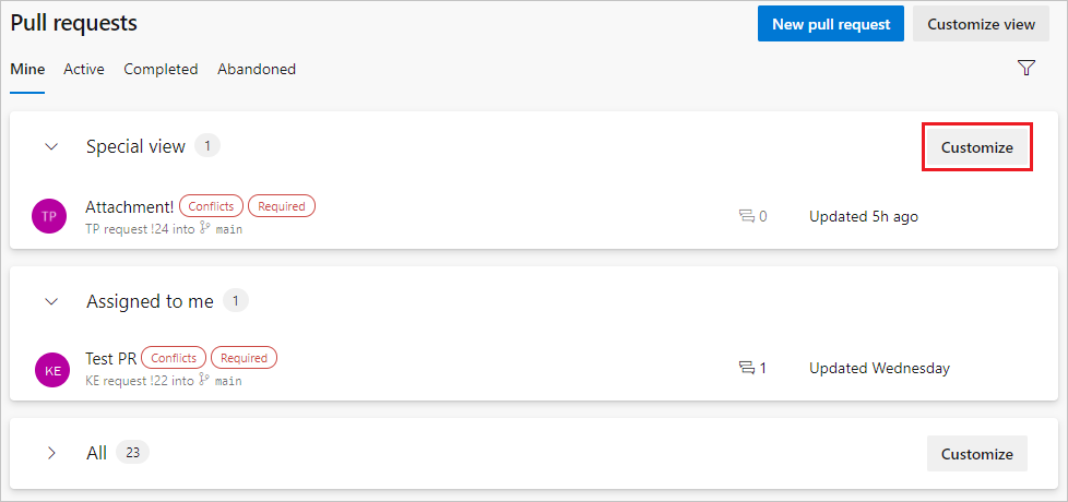 Снимок экрана страницы 'Pull Requests', показывающий сворачиваемые разделы.