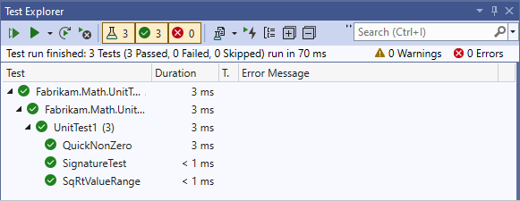 снимок экрана обозревателя тестов с тремя пройденными тестами.