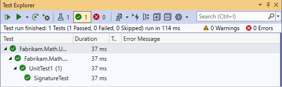 снимок экрана Unit Test Explorer с одним успешно пройденным тестом.
