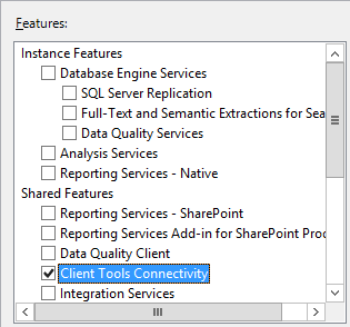 снимок экрана: установка компонента подключения к клиентским средствам SQL Server.