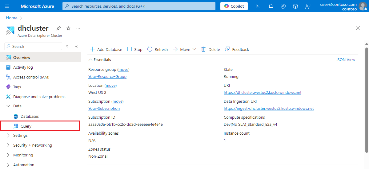 Скриншот портала Azure, показывающий панель запросов для кластера Azure Data Explorer.