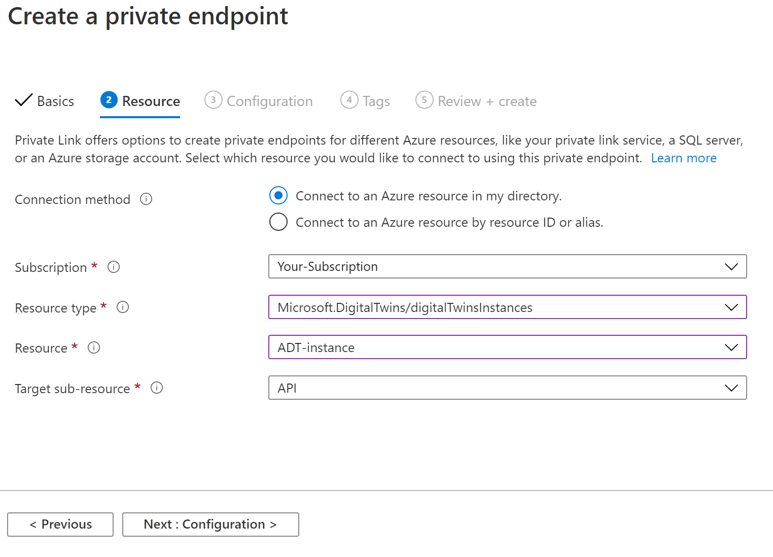 Снимок экрана: портал Azure, на котором показана вторая вкладка (Ресурс) диалогового окна 